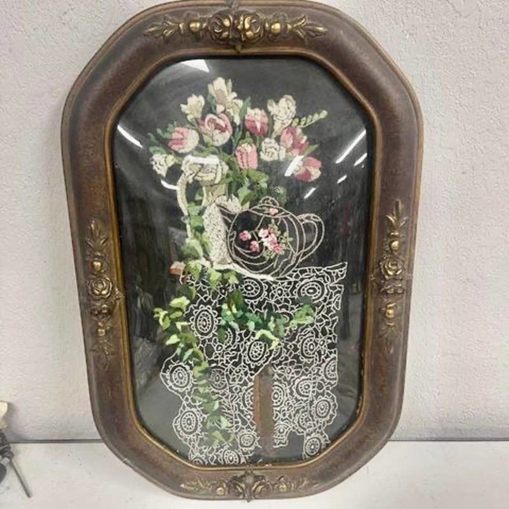 Vintage Cross stitch flower setting antique frame convex bubble glass